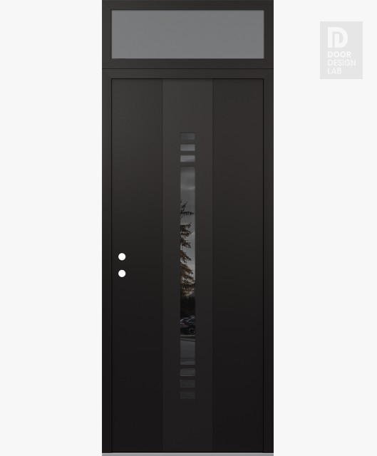 Modern Steel Front Door DIAMOND A5 36" X 96" BLACK/BLACK MIRRORED GLASS PANEL BLACK RHI WITH TRANSOM FROSTED GLASS