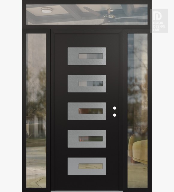 Modern Steel Front Door Diamond D6 64" x 96" black/black clear Glass Panel stainless steel LHI with 2 Sidelites and Transom clear Glass