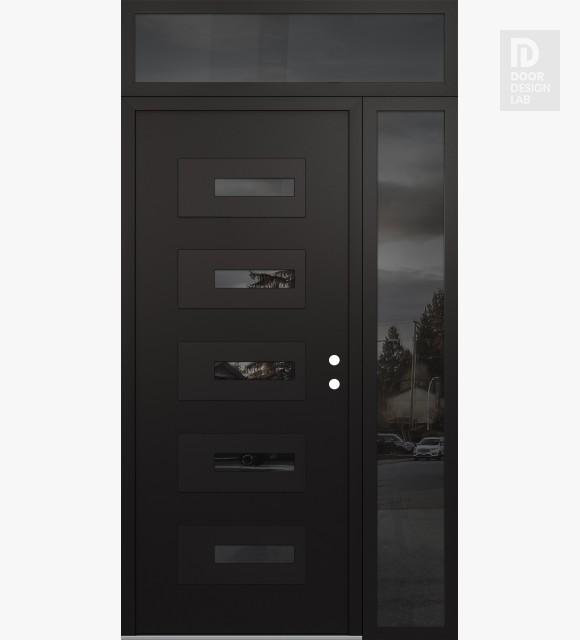 Modern Steel Front Door Diamond D6 52" x 96" black/black mirrored Glass Panel black LHI with Sidelite and Transom mirrored Glass