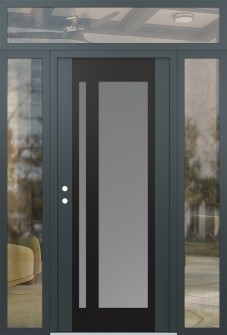 Diamond C15 68" x 96" anthracite/anthracite frosted Glass Panel black RHI with 2 Sidelites and Transom clear Glass