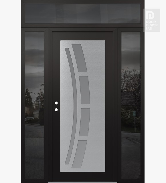 Modern Steel Front Door Diamond C12 60" x 96" black/white frosted Glass Panel stainless steel RHI with 2 Sidelites and Transom mirrored Glass