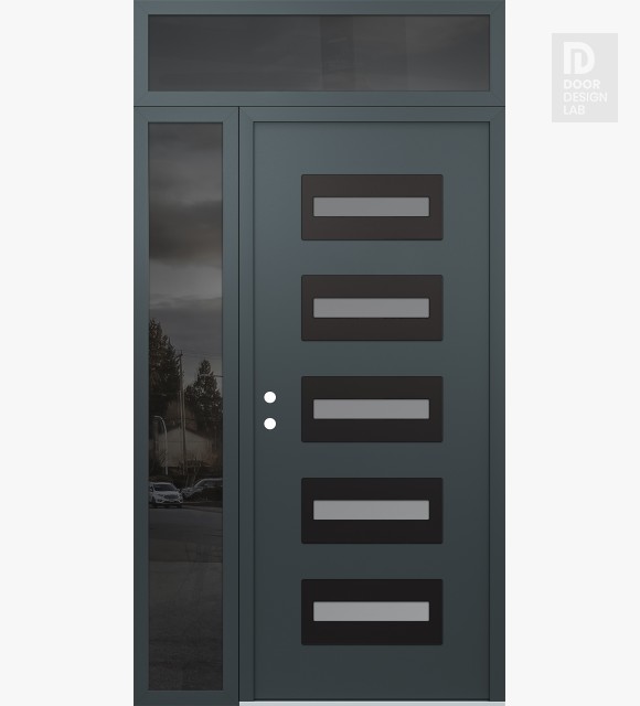 Modern Steel Front Door Diamond D4 48" x 96" anthracite/anthracite frosted Glass Panel black RHI with Sidelite and Transom mirrored Glass