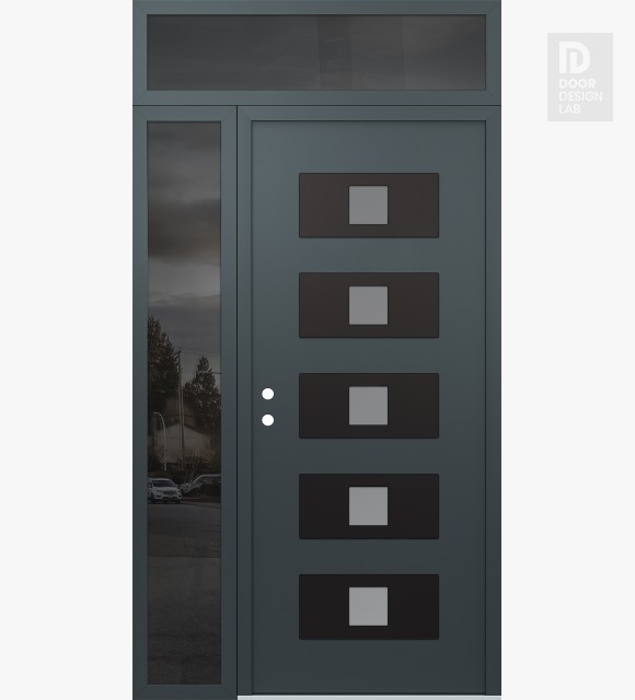 Modern Steel Front Door Diamond D8 52" x 96" anthracite/anthracite frosted Glass Panel black RHI with Sidelite and Transom mirrored Glass