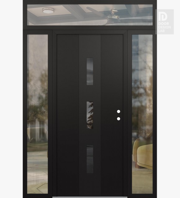 Modern Steel Front Door DIAMOND A7 64" X 96" BLACK/BLACK MIRRORED GLASS PANEL BLACK LHI WITH 2 SIDELITES AND TRANSOM CLEAR GLASS