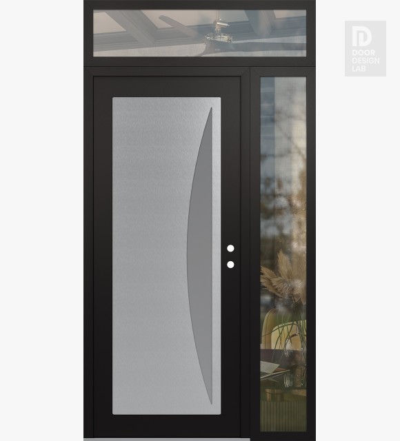 Modern Steel Front Door Diamond C13 52" x 96" black/white frosted Glass Panel stainless steel LHI with Sidelite and Transom clear Glass