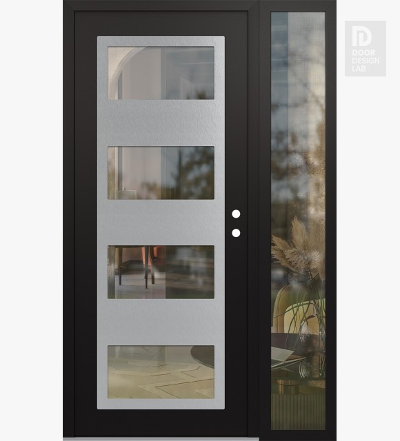 Modern Steel Front Door Diamond C2 48" x 80" black/black clear Glass Panel stainless steel LHI with Sidelite clear Glass