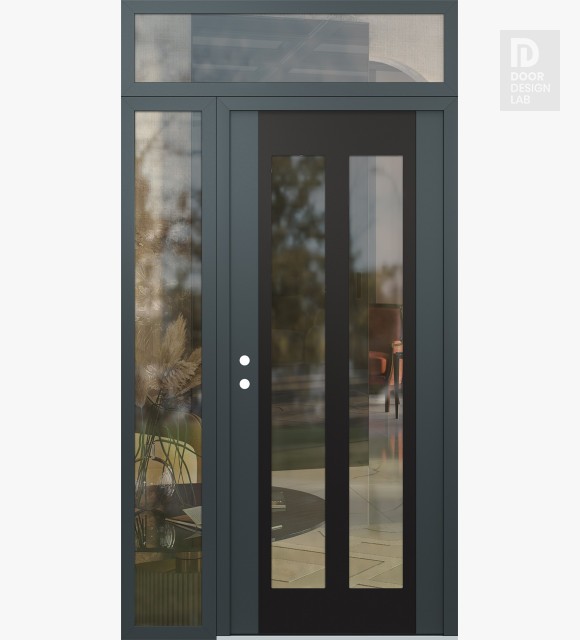 Modern Steel Front Door Diamond C14 50" x 96" anthracite/anthracite clear Glass Panel black RHI with Sidelite and Transom clear Glass