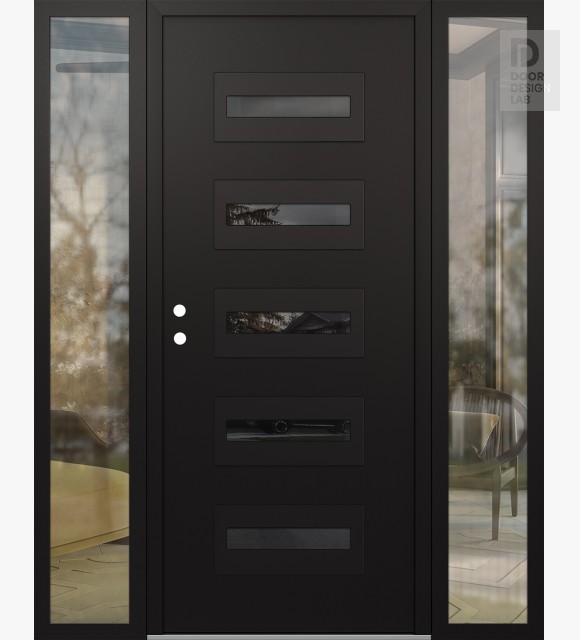 Modern Steel Front Door Diamond D4 60" x 80" black/black mirrored Glass Panel black RHI with 2 Sidelites clear Glass