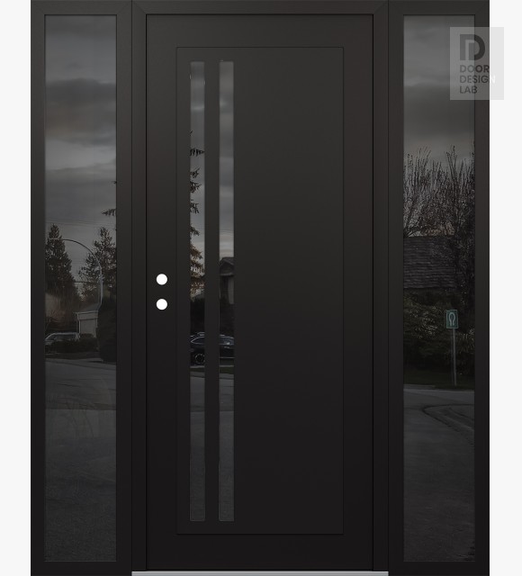 Modern Steel Front Door Diamond C6 64" x 80" black/black mirrored Glass Panel black RHI with 2 Sidelites mirrored Glass