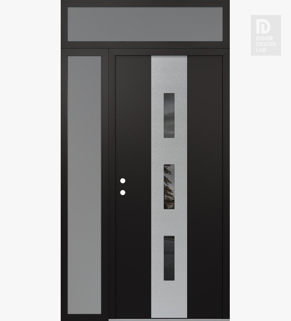 Modern Steel Front Door DIAMOND A7 48" X 96" BLACK/BLACK MIRRORED GLASS PANEL STAINLESS STEEL RHI WITH SIDELITE AND TRANSOM FROSTED GLASS