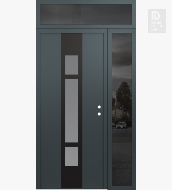 Modern Steel Front Door DIAMOND A9 48" X 96" ANTHRACITE/ANTHRACITE FROSTED GLASS PANEL BLACK LHI WITH SIDELITE AND TRANSOM MIRRORED GLASS