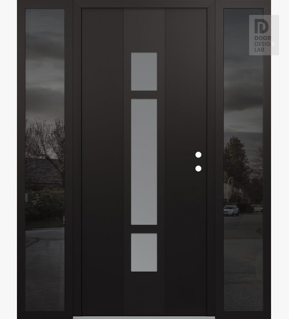 Modern Steel Front Door DIAMOND A9 64" X 80" BLACK/WHITE FROSTED GLASS PANEL BLACK LHI WITH 2 SIDELITES MIRRORED GLASS