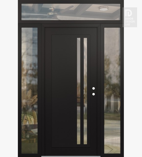 Modern Steel Front Door Diamond C6 60" x 96" black/black clear Glass Panel black LHI with 2 Sidelites and Transom clear Glass