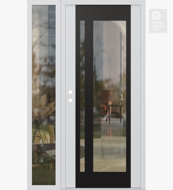 Modern Steel Front Door Diamond C15 50" x 80" white/white clear Glass Panel black RHI with Sidelite clear Glass