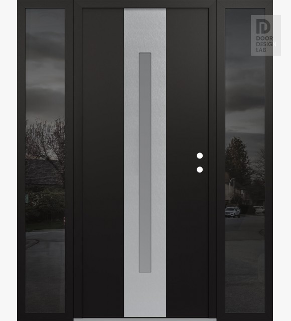 Modern Steel Front Door DIAMOND A2 64" X 80" BLACK/WHITE FROSTED GLASS PANEL STAINLESS STEEL LHI WITH 2 SIDELITES MIRRORED GLASS