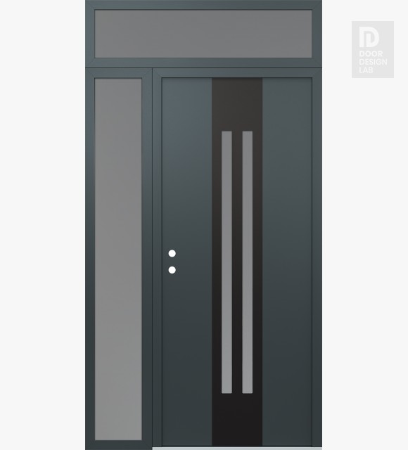 Modern Steel Front Door DIAMOND A8 52" X 96" ANTHRACITE/ANTHRACITE FROSTED GLASS PANEL BLACK RHI WITH SIDELITE AND TRANSOM FROSTED GLASS