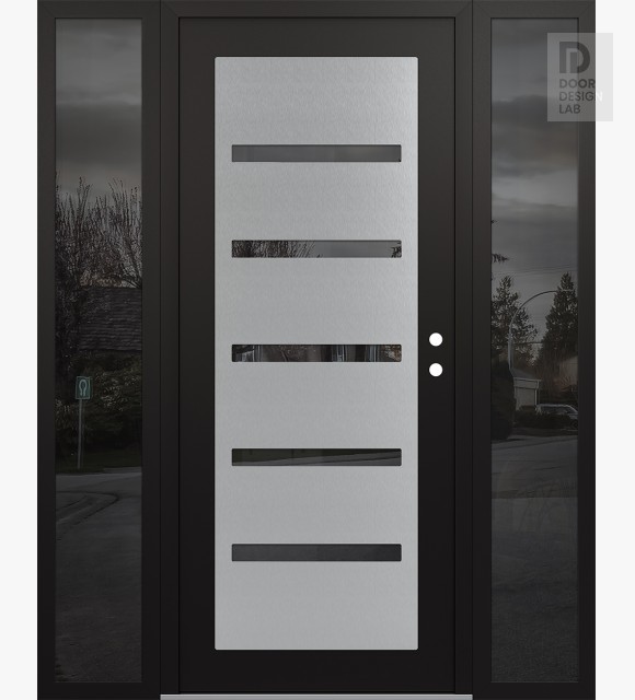 Modern Steel Front Door Diamond C7 60" x 80" black/black mirrored Glass Panel stainless steel LHI with 2 Sidelites mirrored Glass
