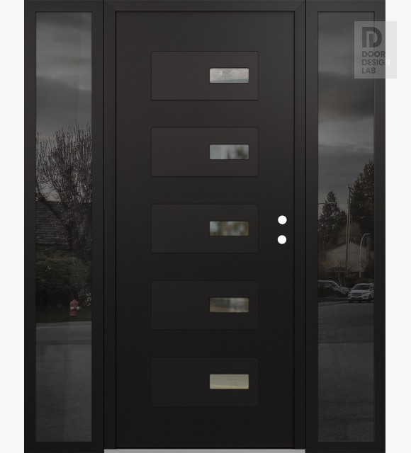 Modern Steel Front Door Diamond D7 68" x 80" black/black clear Glass Panel black LHI with 2 Sidelites mirrored Glass