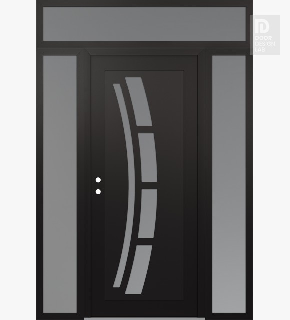 Modern Steel Front Door Diamond C12 64" x 96" black/white frosted Glass Panel black RHI with 2 Sidelites and Transom frosted Glass