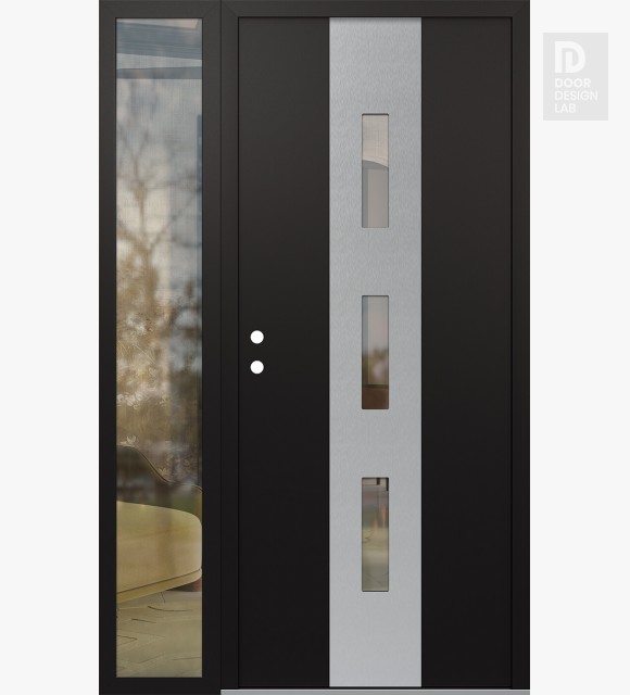 Modern Steel Front Door DIAMOND A7 48" X 80" BLACK/BLACK CLEAR GLASS PANEL STAINLESS STEEL RHI WITH SIDELITE CLEAR GLASS