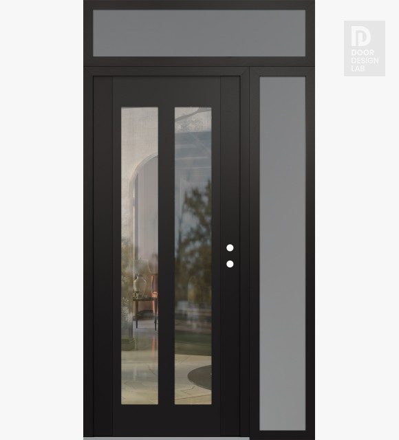Modern Steel Front Door Diamond C14 52" x 96" black/black clear Glass Panel black LHI with Sidelite and Transom frosted Glass