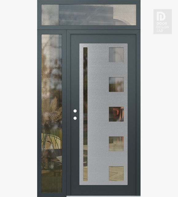 Modern Steel Front Door Diamond C3 50" x 96" anthracite/anthracite clear Glass Panel stainless steel RHI with Sidelite and Transom clear Glass
