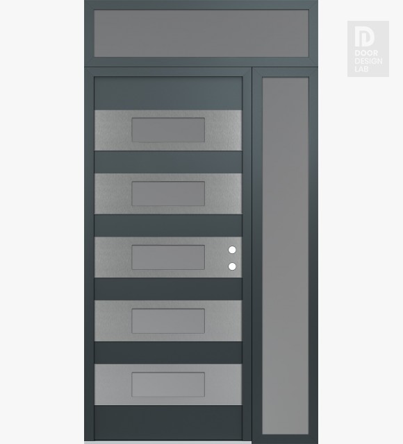 Modern Steel Front Door Diamond D5 48" x 96" anthracite/anthracite frosted Glass Panel stainless steel LHI with Sidelite and Transom frosted Glass