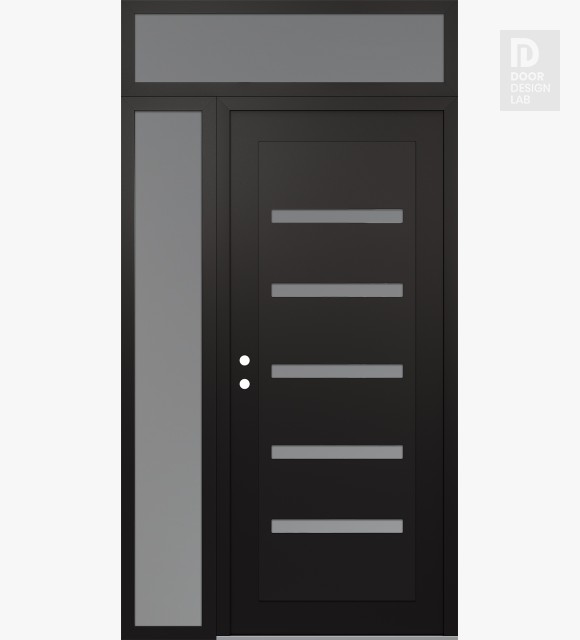 Modern Steel Front Door Diamond C7 50" x 96" black/white frosted Glass Panel black RHI with Sidelite and Transom frosted Glass