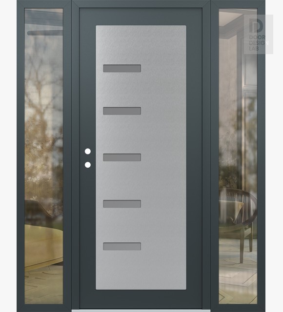 Modern Steel Front Door Diamond C8 60" x 80" anthracite/anthracite frosted Glass Panel stainless steel RHI with 2 Sidelites clear Glass