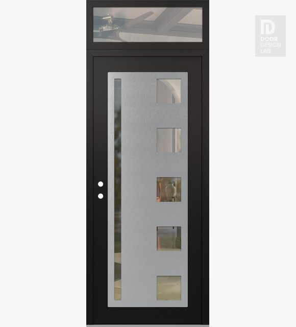 Modern Steel Front Door Diamond C3 36" x 96" black/black clear Glass Panel stainless steel RHI with Transom clear Glass
