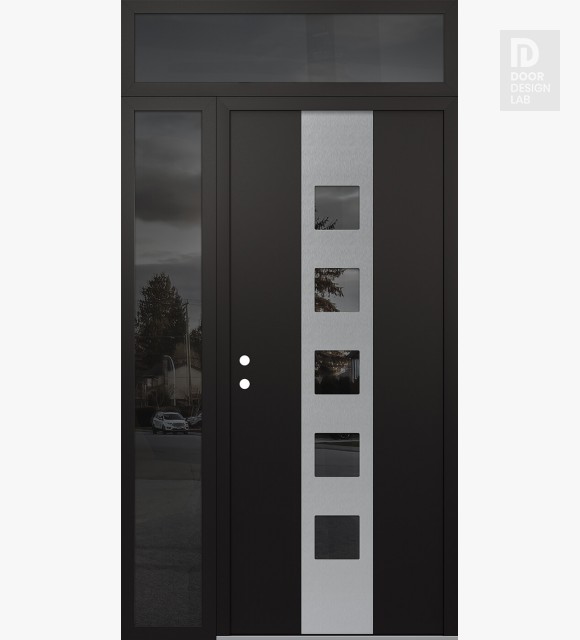 Modern Steel Front Door DIAMOND A13 48" X 96" BLACK/BLACK MIRRORED GLASS PANEL STAINLESS STEEL RHI WITH SIDELITE AND TRANSOM MIRRORED GLASS