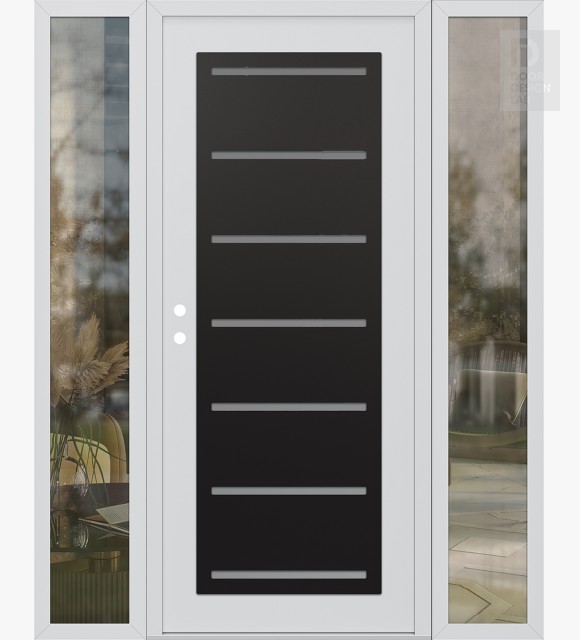 Modern Steel Front Door Diamond C11 60" x 80" white/white frosted Glass Panel black RHI with 2 Sidelites clear Glass