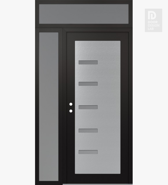 Modern Steel Front Door Diamond C8 48" x 96" black/white frosted Glass Panel stainless steel RHI with Sidelite and Transom frosted Glass