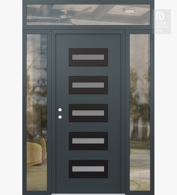 Modern Steel Front Door Diamond D4 60" x 96" anthracite/anthracite frosted Glass Panel black RHI with 2 Sidelites and Transom clear Glass