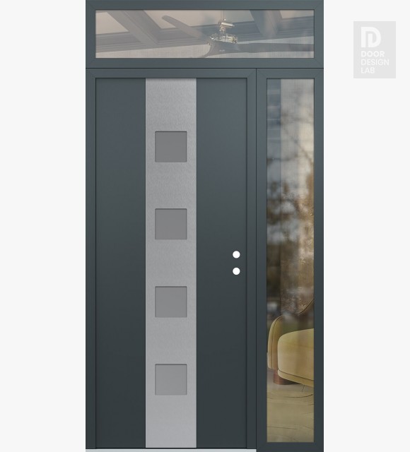 Modern Steel Front Door DIAMOND A12 50" X 96" ANTHRACITE/ANTHRACITE FROSTED GLASS PANEL STAINLESS STEEL LHI WITH SIDELITE AND TRANSOM CLEAR GLASS
