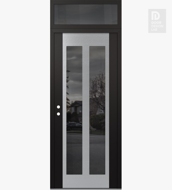 Modern Steel Front Door Diamond C14 36" x 96" black/black mirrored Glass Panel stainless steel RHI with Transom mirrored Glass