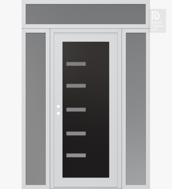 Modern Steel Front Door Diamond C8 60" x 96" white/white frosted Glass Panel black RHI with 2 Sidelites and Transom frosted Glass