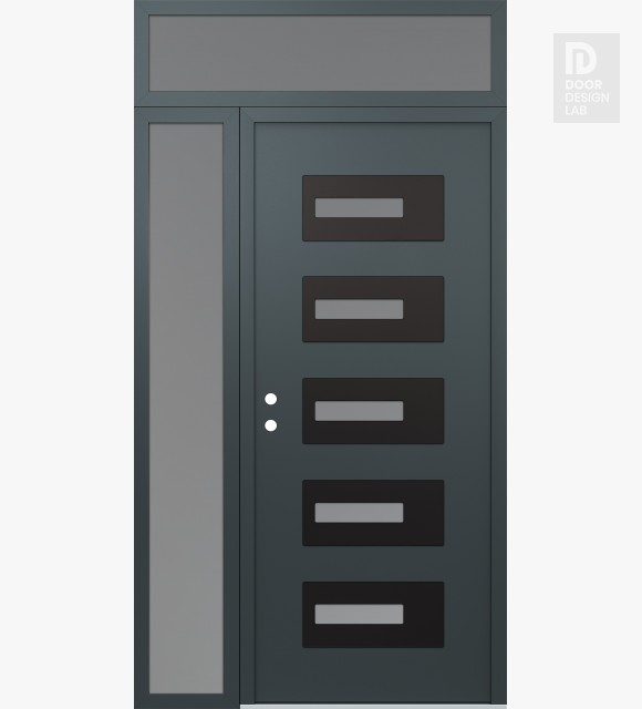 Modern Steel Front Door Diamond D6 52" x 96" anthracite/anthracite frosted Glass Panel black RHI with Sidelite and Transom frosted Glass