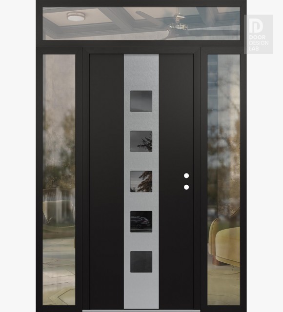 Modern Steel Front Door DIAMOND A13 64" X 96" BLACK/BLACK MIRRORED GLASS PANEL STAINLESS STEEL LHI WITH 2 SIDELITES AND TRANSOM CLEAR GLASS