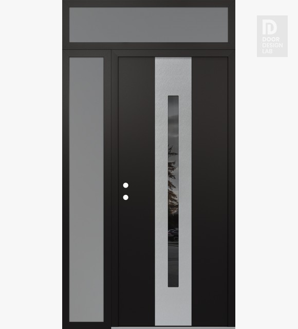 Modern Steel Front Door DIAMOND A2 52" X 96" BLACK/BLACK MIRRORED GLASS PANEL STAINLESS STEEL RHI WITH SIDELITE AND TRANSOM FROSTED GLASS