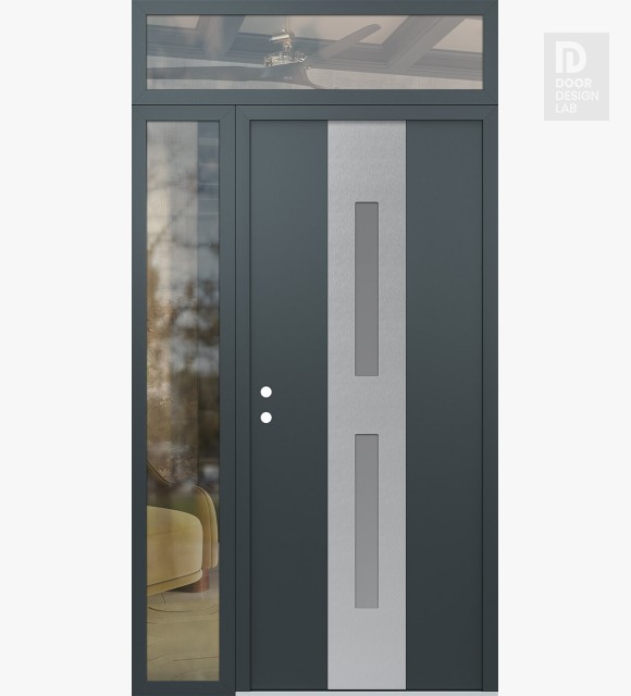 Modern Steel Front Door DIAMOND A6 50" X 96" ANTHRACITE/ANTHRACITE FROSTED GLASS PANEL STAINLESS STEEL RHI WITH SIDELITE AND TRANSOM CLEAR GLASS