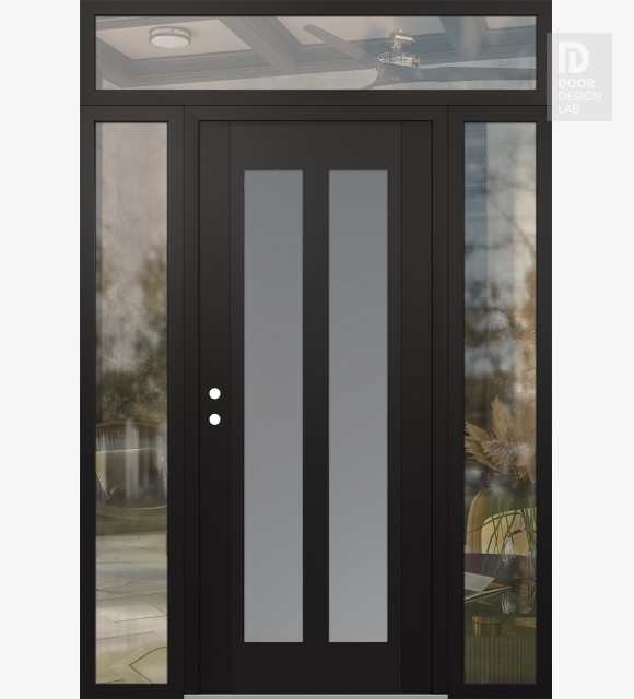 Modern Steel Front Door Diamond C14 60" x 96" black/white frosted Glass Panel black RHI with 2 Sidelites and Transom clear Glass