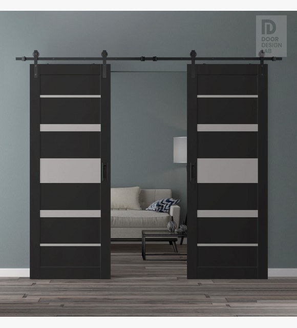 DOUBLE BARN DOOR AVON 07-03 VETRO BLACK MATTE 36" X 84" X 1 3/4" BLACK HARDWARE
