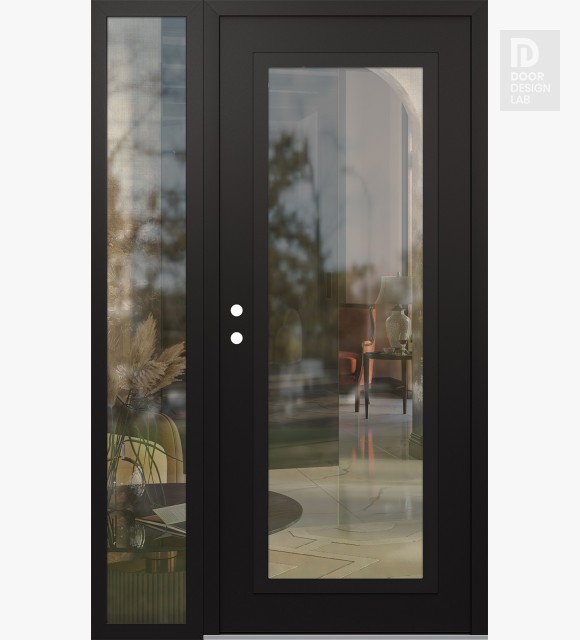 Modern Steel Front Door Diamond C1 48" x 80" black/black clear Glass Panel black RHI with Sidelite clear Glass