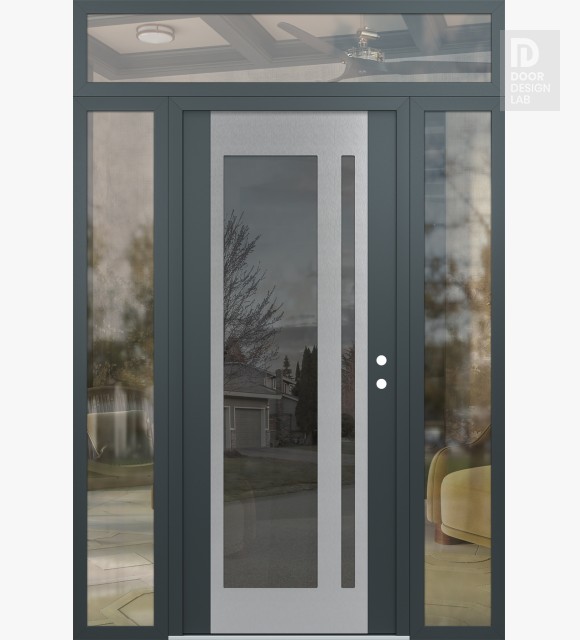 Modern Steel Front Door Diamond C15 64" x 96" anthracite/anthracite mirrored Glass Panel stainless steel LHI with 2 Sidelites and Transom clear Glass