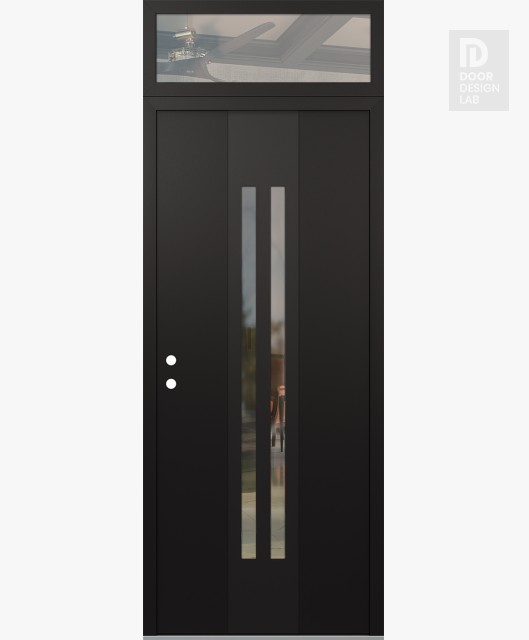 Modern Steel Front Door DIAMOND A8 36" X 96" BLACK/BLACK CLEAR GLASS PANEL BLACK RHI WITH TRANSOM CLEAR GLASS