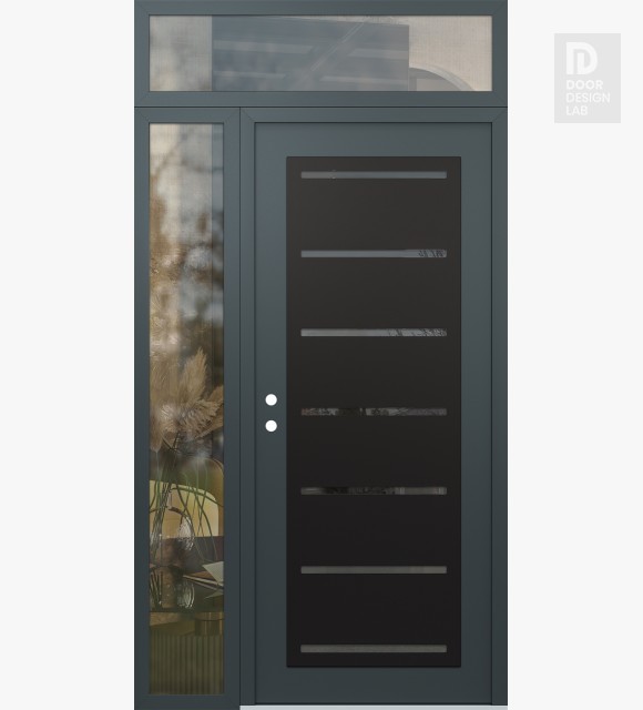 Modern Steel Front Door Diamond C11 52" x 96" anthracite/anthracite mirrored Glass Panel black RHI with Sidelite and Transom clear Glass