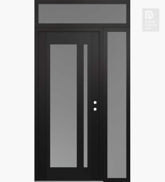 Modern Steel Front Door Diamond C15 50" x 96" black/white frosted Glass Panel black LHI with Sidelite and Transom frosted Glass
