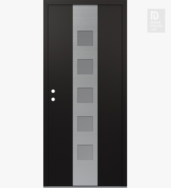 Modern Steel Front Door DIAMOND A13 68" X 80" BLACK/WHITE FROSTED GLASS PANEL STAINLESS STEEL RHI WITH 2 SIDELITES CLEAR GLASS
