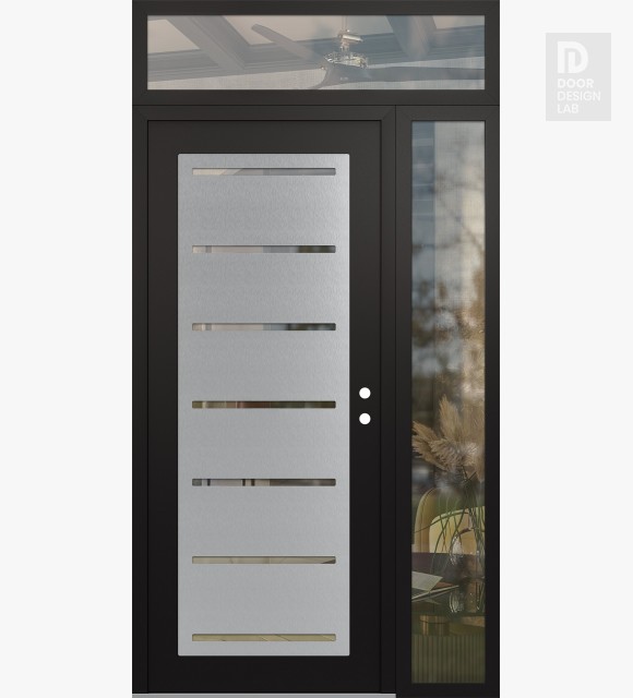 Modern Steel Front Door Diamond C11 52" x 96" black/black clear Glass Panel stainless steel LHI with Sidelite and Transom clear Glass